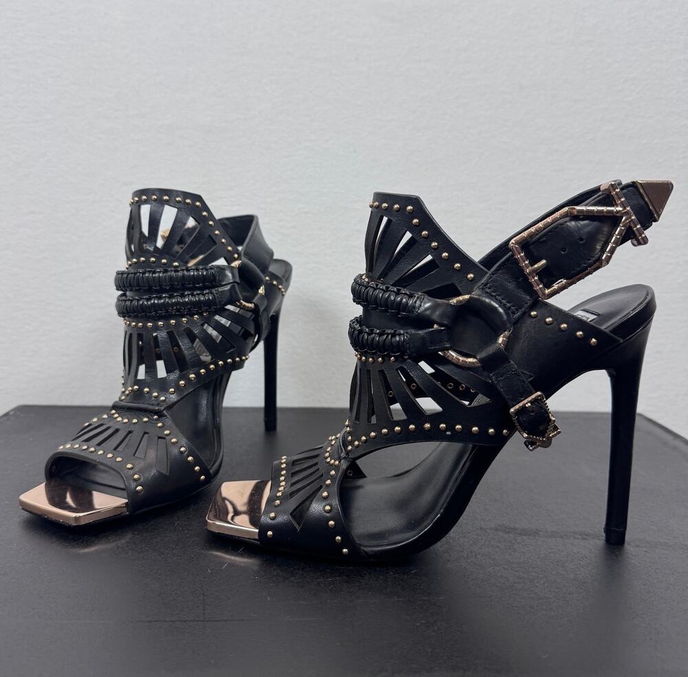 Ivy Kirzhner NY Strappy Studded Black Gold Heels Sandals Punk Glam Designer 7.5m